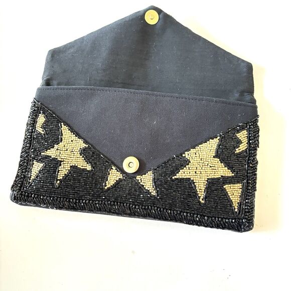 JANE MARIE Black Beaded Evening Clutch Bag with Gold Stars Design - Picture 3 of 8